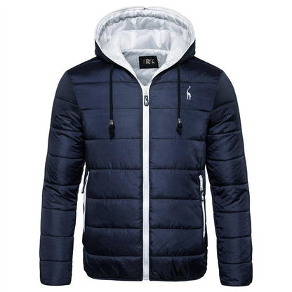 Men's blue hooded Stevvex puffer jacket with white zipper and grey lining on Tampa Home & Garden Store