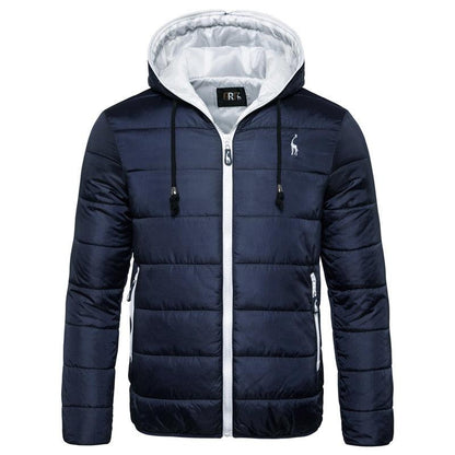 Men's navy blue hooded puffer jacket by Stevvex with white zipper and polo horse logo on Tampa Home & Garden Store