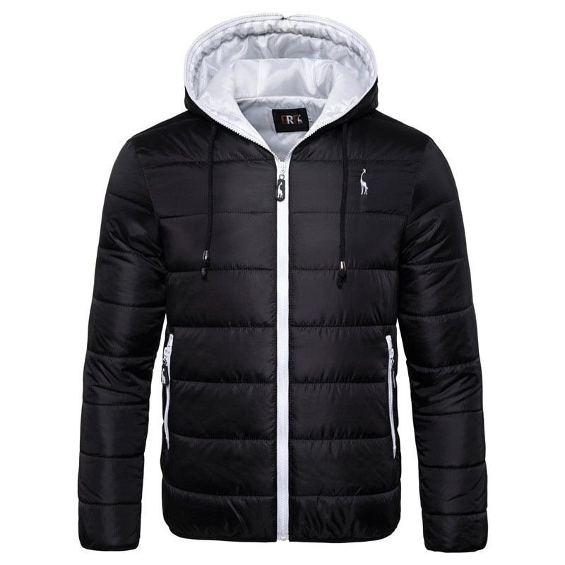 Men's waterproof hooded puffer jacket black with white zipper and inner lining chest logo on Tampa Home & Garden Store