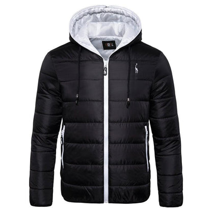 Men's waterproof hooded puffer jacket black with white zipper and inner lining chest logo on Tampa Home & Garden Store