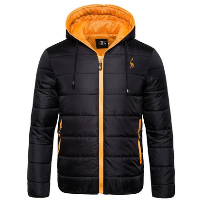 Stevvex men's black hooded puffer jacket with orange lining and zippers on Tampa Home & Garden Store