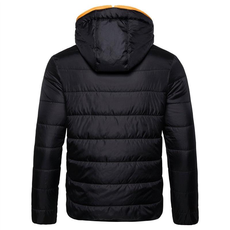 Men's black quilted hooded puffer jacket by Stevvex with orange hood trim waterproof on Tampa Home & Garden Store