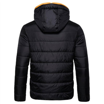 Men's black quilted hooded puffer jacket by Stevvex with orange hood trim waterproof on Tampa Home & Garden Store