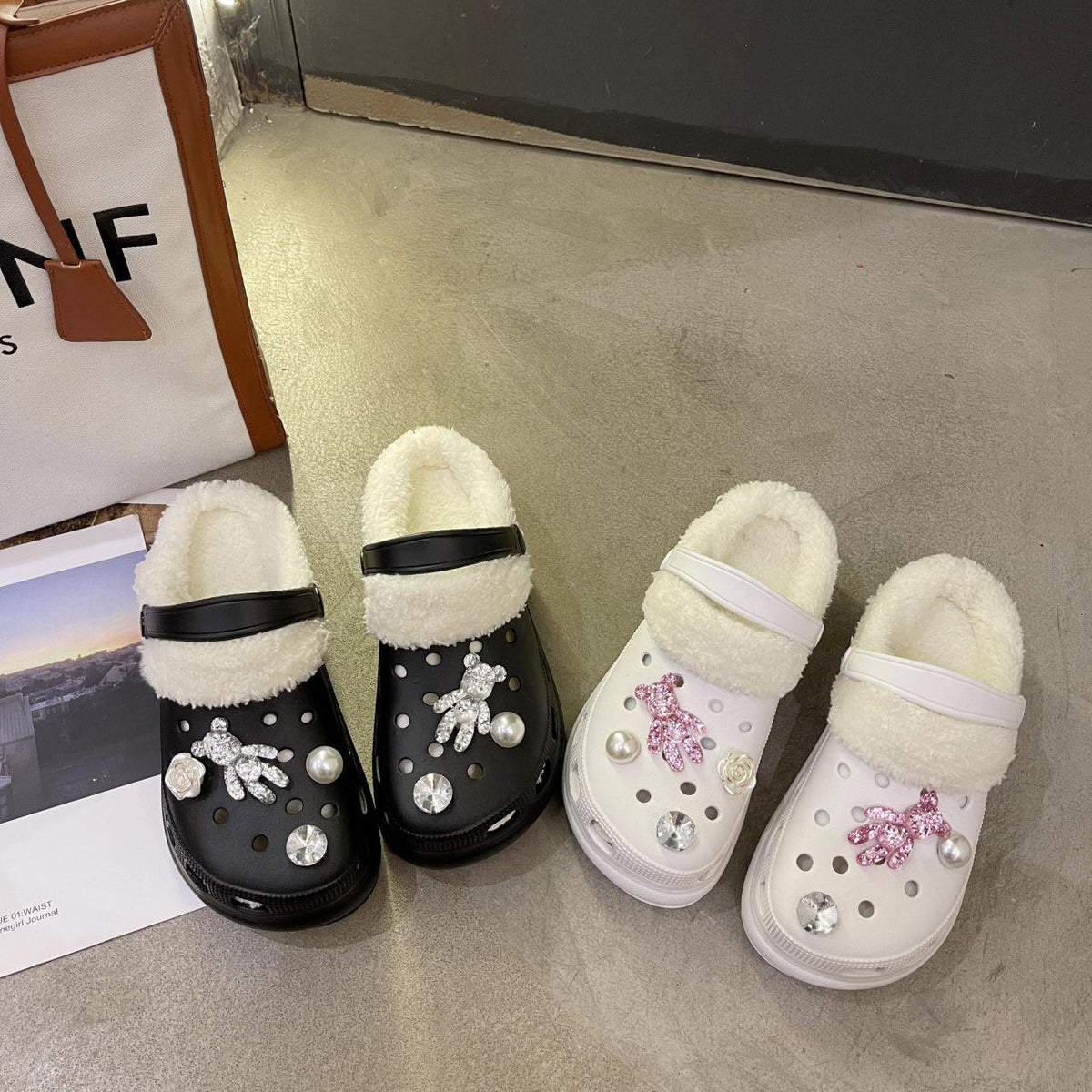 Stevvex plush indoor slippers in black and white with fluffy lining and crystal decor on Tampa Home & Garden Store
