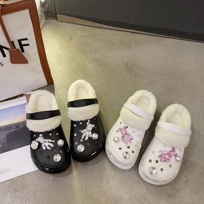 Stevvex plush indoor slippers in black and white with fluffy lining and crystal decor on Tampa Home & Garden Store