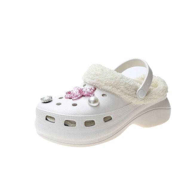 Stevvex white plush-lined clog slipper with back strap and pink crystal flower charm on toe on Tampa Home & Garden Store