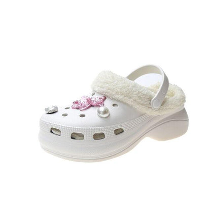 Stevvex white plush-lined clog slipper with back strap and pink crystal flower charm on toe on Tampa Home & Garden Store