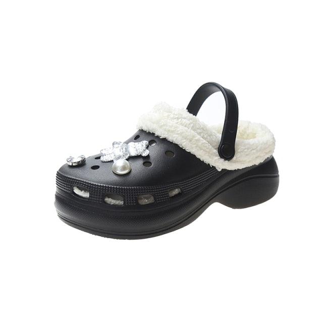 Stevvex black fuzzy-lined clogs with back strap and crystal embellishments for indoor warmth on Tampa Home & Garden Store