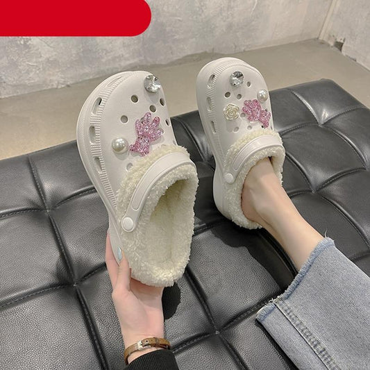 Stevvex white fuzzy slippers pair with plush lining and crystal embellishments on Tampa Home & Garden Store
