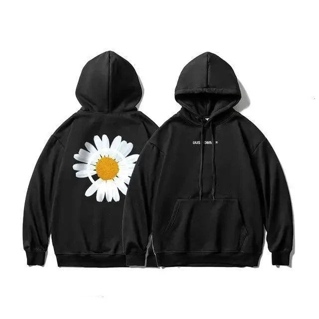 Hooded sweatshirts by Stevvex, two black oversized hoodies with drawstrings and sunflower print on Tampa Home & Garden Store