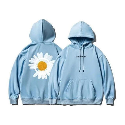 Two Stevvex blue oversized hoodies with sunflower back print and front logo, drawstring hood on Tampa Home & Garden Store