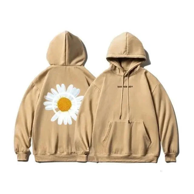 Stevvex tan oversized hoodie pair, sunflower back print, front kangaroo pockets, drawstring hoods on Tampa Home & Garden Store