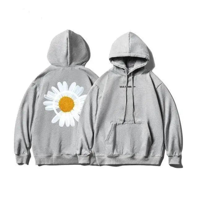 Hoodie Stevvex sunflower print gray oversized with back daisy graphic and front pocket on Tampa Home & Garden Store