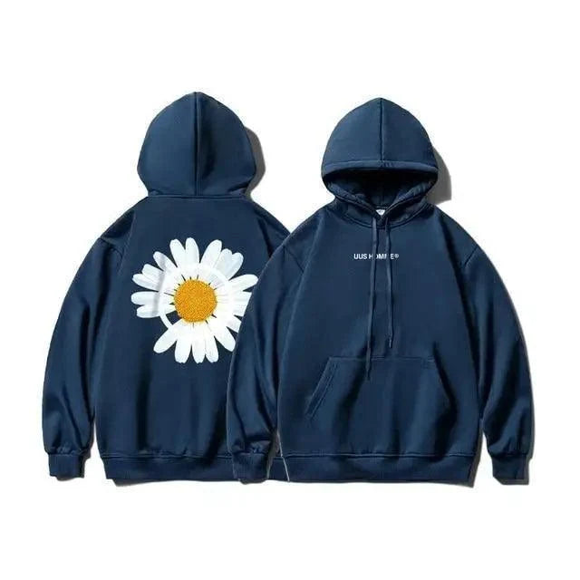 Stevvex navy blue hoodie with sunflower back print, drawstring hood, kangaroo pocket on Tampa Home & Garden Store