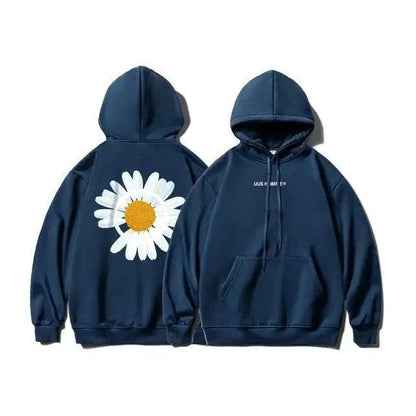 Stevvex navy blue hoodie with sunflower back print, drawstring hood, kangaroo pocket on Tampa Home & Garden Store