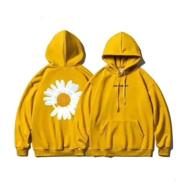 Stevvex yellow hoodie with a large white daisy back print and front kangaroo pocket on Tampa Home & Garden Store