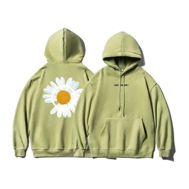 Stevvex olive oversized hoodie with sunflower back print and front logo, drawstring hood on Tampa Home & Garden Store