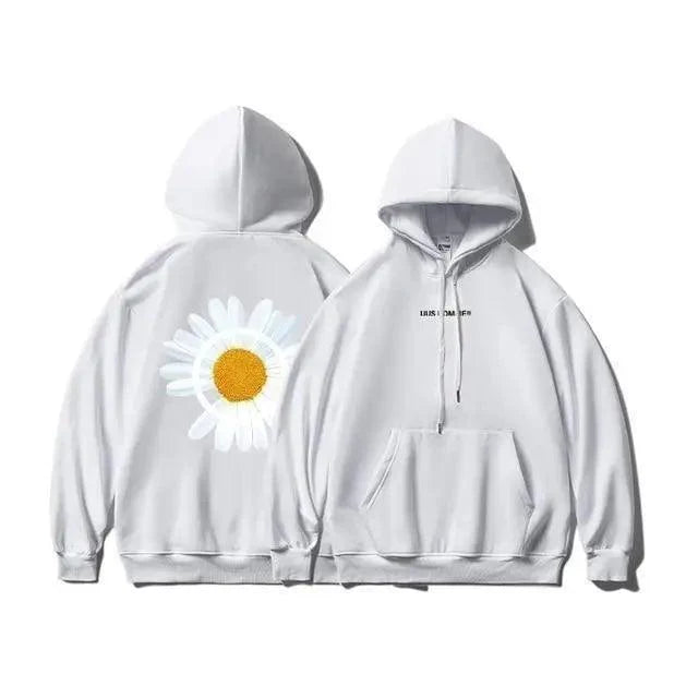 Hoodie Stevvex sunflower print oversized in light gray with front pocket and back daisy graphic on Tampa Home & Garden Store