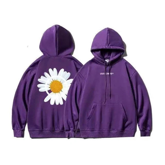 Stevvex purple sunflower hoodie front/back views, oversized fit with pocket and drawstring on Tampa Home & Garden Store