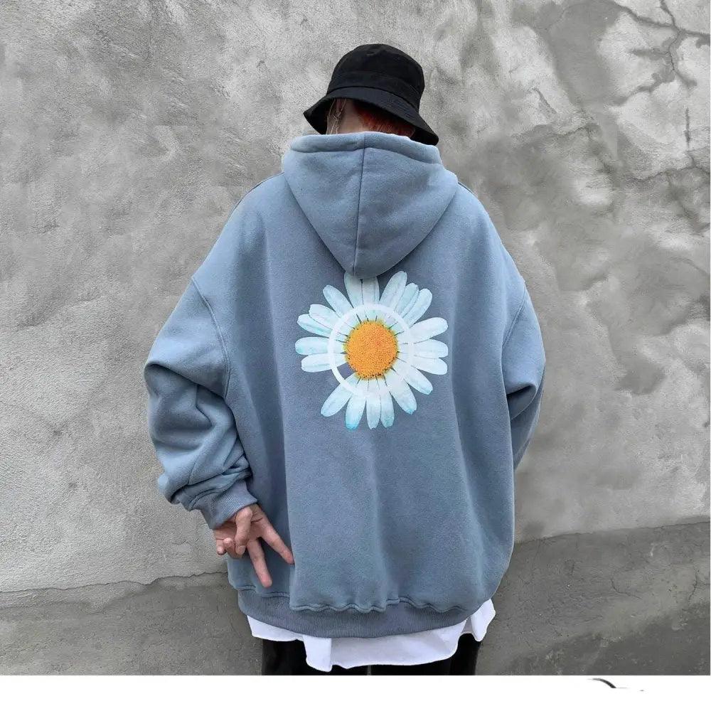 Stevvex oversized blue hoodie with sunflower back print, thick warm fleece on Tampa Home & Garden Store