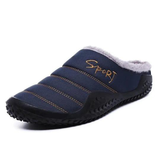 Men's navy blue plush slip-on slipper with white fur lining and black non-slip sole, SPORT logo on Tampa Home & Garden Store