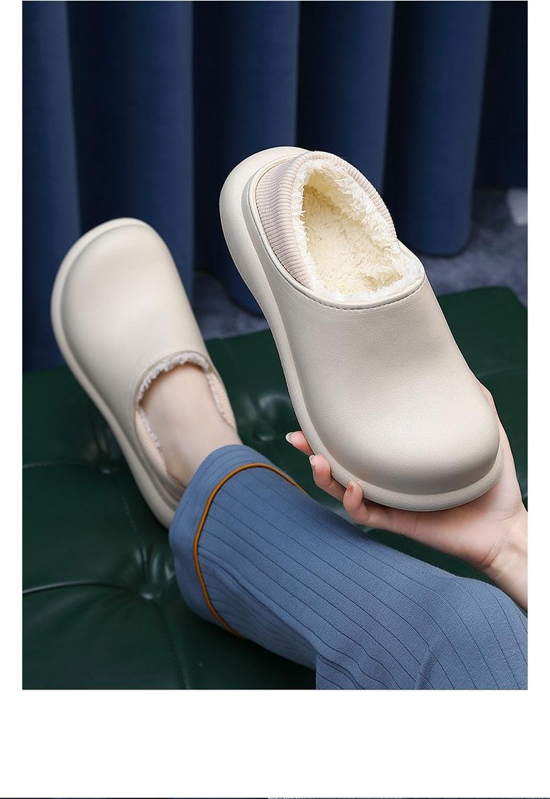 Stevvex women's beige slipper with fluffy fur interior and thick memory foam sole on Tampa Home & Garden Store