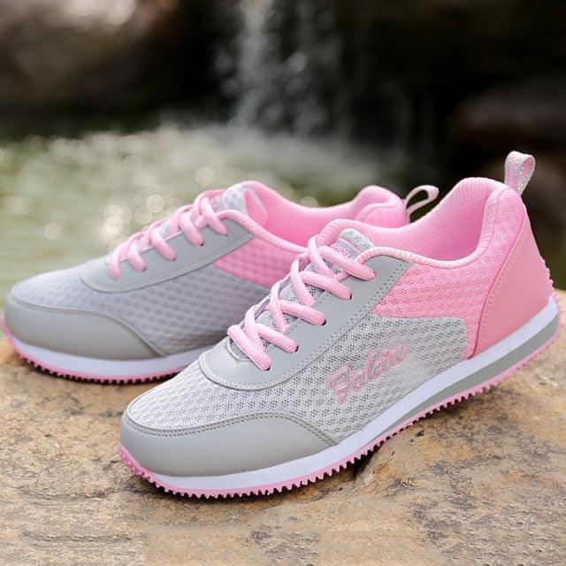 Stevvex women's pink-accent gray mesh sneakers with breathable design a pair on Tampa Home & Garden Store