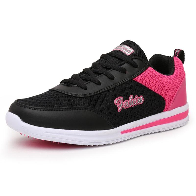 Stevvex women's black mesh sneakers with pink heel, white sole, breathable casual shoes on Tampa Home & Garden Store
