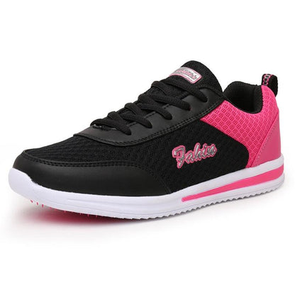 Stevvex women's black mesh sneakers with pink heel, white sole, breathable casual shoes on Tampa Home & Garden Store