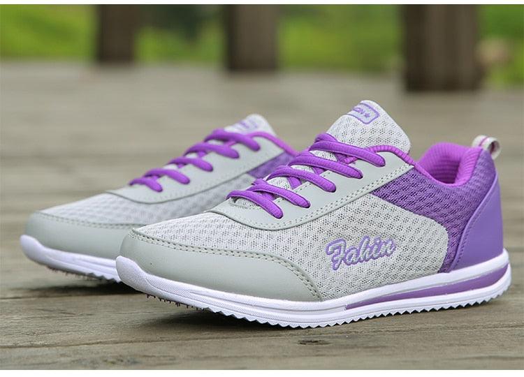 Purple women's casual sneakers Stevvex with breathable gray mesh and purple laces on Tampa Home & Garden Store