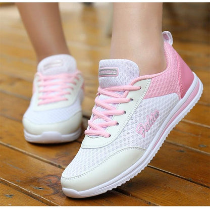 Stevvex women's sneakers white mesh upper with pink accents lace-up breathable gym shoes on Tampa Home & Garden Store