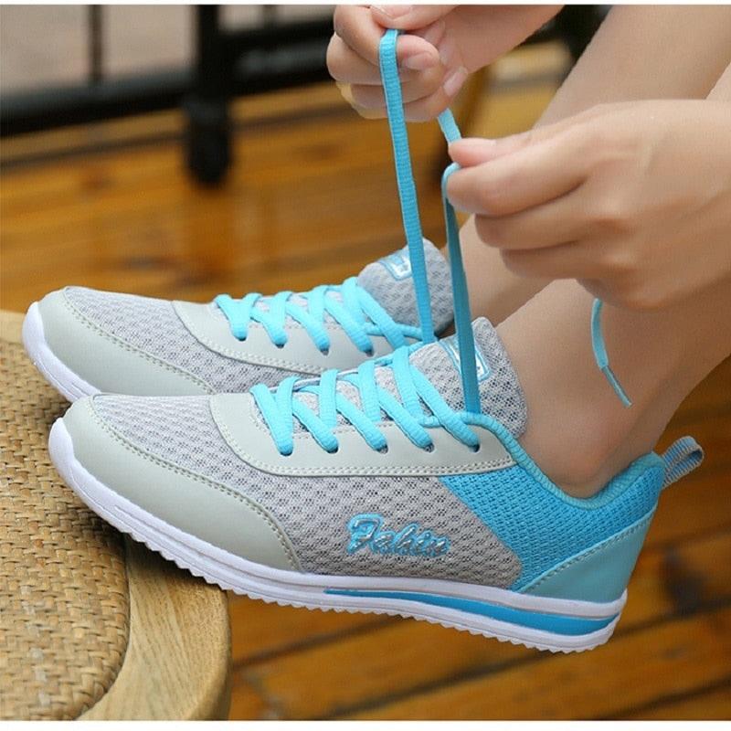 Sneakers Stevvex women's breathable gray mesh with blue laces casual athletic shoes on Tampa Home & Garden Store