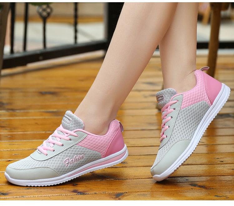 Stevvex women's pink gray breathable mesh sneakers pair with white sole on Tampa Home & Garden Store