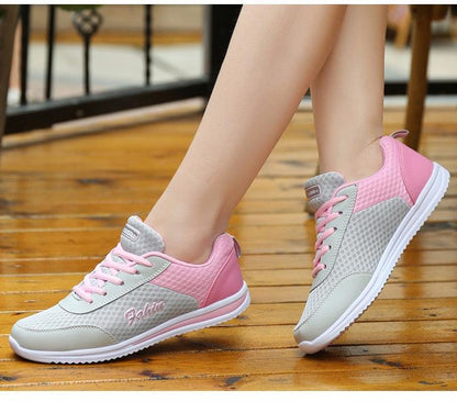 Stevvex women's pink gray breathable mesh sneakers pair with white sole on Tampa Home & Garden Store