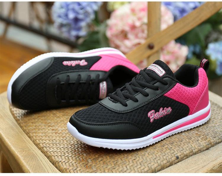 Women's Stevvex sneakers black mesh with pink accents, breathable pair walking gym shoes on Tampa Home & Garden Store