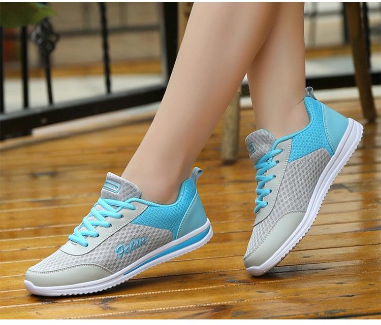 Stevvex women's blue mesh sneakers with gray accents and white sole for walking and running on Tampa Home & Garden Store