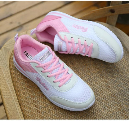 Stevvex pink mesh sneakers with white accents, casual running shoes, pink laces non-slip sole on Tampa Home & Garden Store