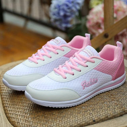 Stevvex women's pink mesh sneakers pair with white toe cap, breathable casual walking shoes on Tampa Home & Garden Store