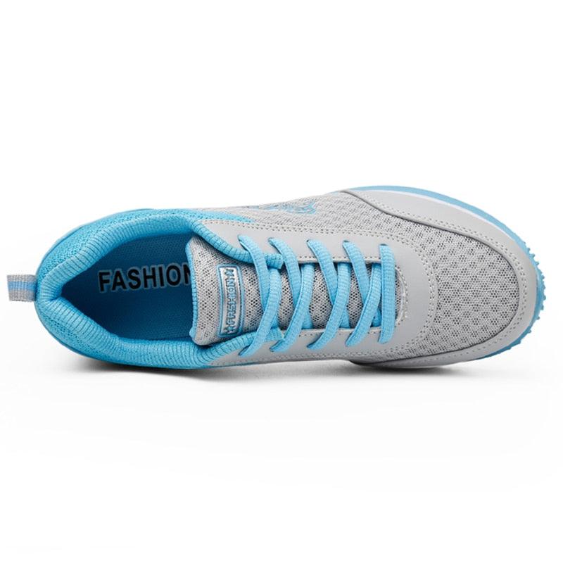 Stevvex women's gray mesh sneakers with blue laces and interior for breathable walking and running on Tampa Home & Garden Store