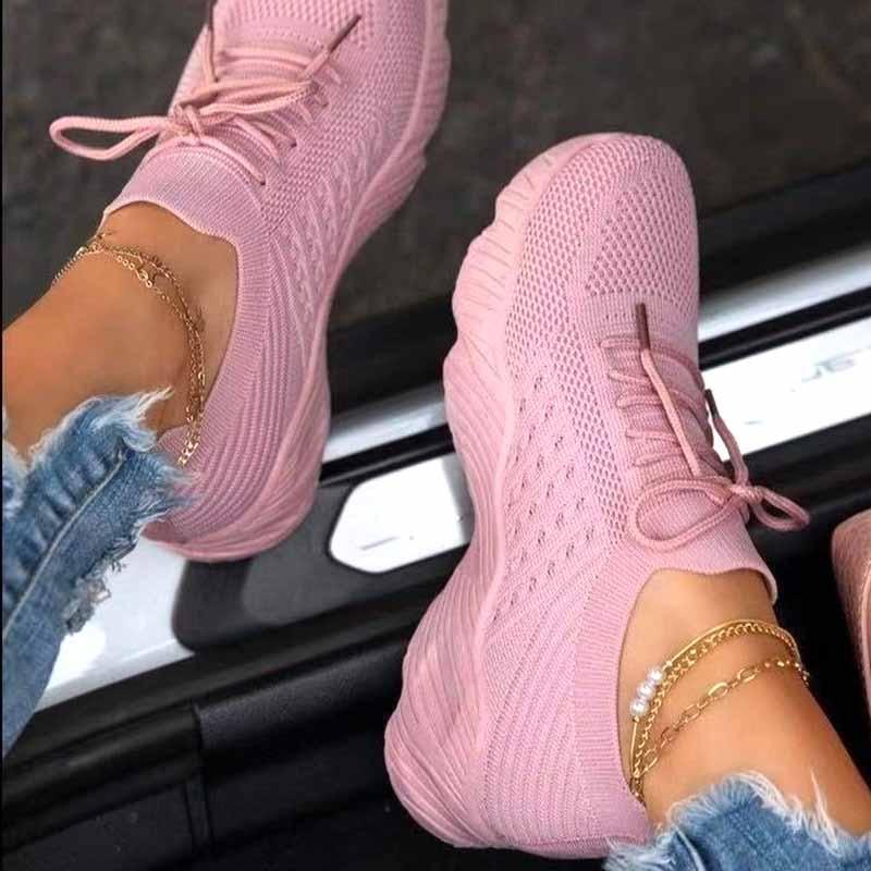 Pink mesh lace-up sneakers by Stevvex with platform sole for women running walking shoes on Tampa Home & Garden Store