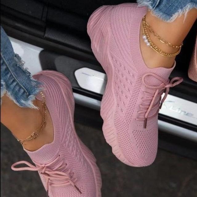 Stevvex pink knit platform running sneakers pair lace-up mesh trainer for women on Tampa Home & Garden Store
