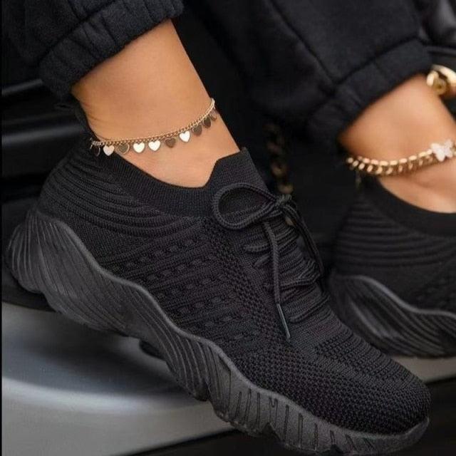 Stevvex black knit platform sneakers with lace-up, chunky outsole, mesh running shoes on Tampa Home & Garden Store