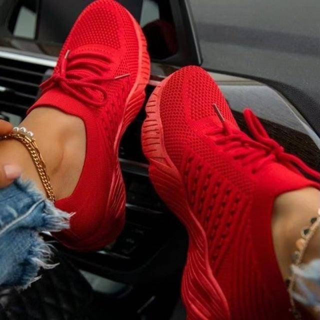 Stevvex red women sneakers, lace-up mesh running shoes with platform sole on Tampa Home & Garden Store