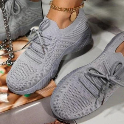 Stevvex women's knit mesh lace-up running sneakers pair gray on Tampa Home & Garden Store