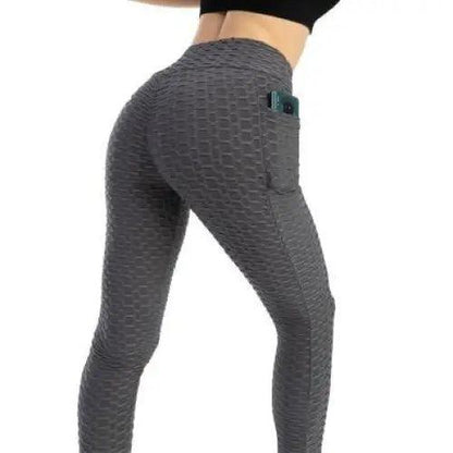 Stevvex leggings, dark gray textured honeycomb fabric, high-waist with back pocket on Tampa Home & Garden Store