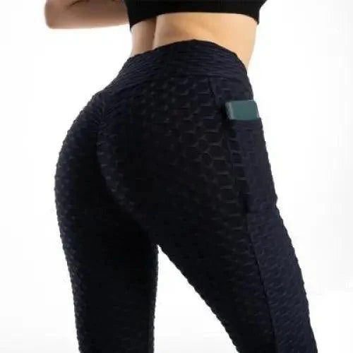Stevvex women's fitness leggings with pocket navy honeycomb texture high waist STIL94632LEGPC on Tampa Home & Garden Store