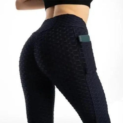 Stevvex women's fitness leggings with pocket navy honeycomb texture high waist STIL94632LEGPC on Tampa Home & Garden Store