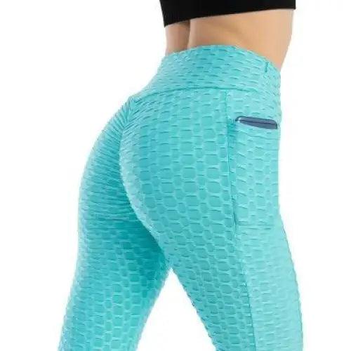 Women's high-waist pocket leggings turquoise honeycomb texture with side zip Stevvex on Tampa Home & Garden Store