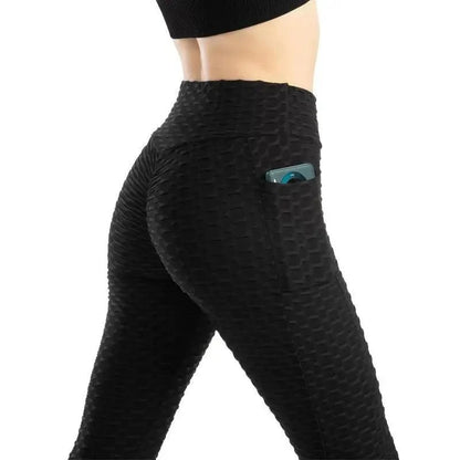 Stevvex women's high waist pocket leggings, textured black fabric with side phone pocket on Tampa Home & Garden Store