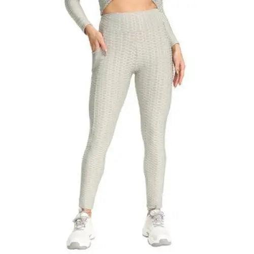 Stevvex New Women Fitness Pocket Push Up Leggings high-waist light gray textured leggings on Tampa Home & Garden Store